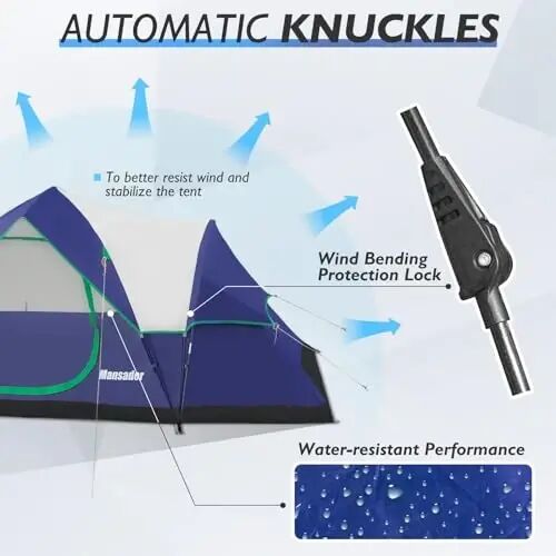 Mansader 6 Person Tent Family Camping, Instant Extended Pop Up Dome Tents with Water-Resistant Rainfly and Mesh Roofs & Door & Windows, Quick Setup, Blue - 6