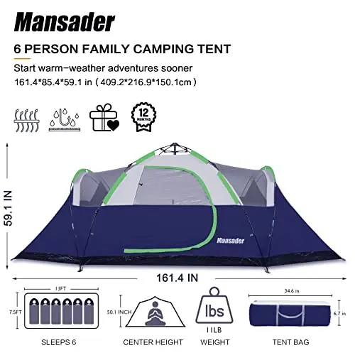 Mansader 6 Person Family Camping Tent,Waterproof Windproof with Top Rainfly,Easy Set Up,Pop Up Tent for Outdoor Camping Hiking Trave - 6
