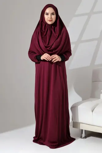 Manşeti Sandy Kendinden Şallı Pratik Kullanımlı Namaz Kıyafeti-Bordo - 1