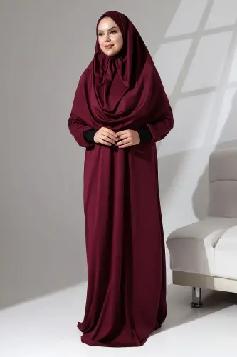 Manşeti Sandy Kendinden Şallı Pratik Kullanımlı Namaz Kıyafeti-Bordo - 3