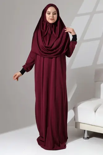 Manşeti Sandy Kendinden Şallı Pratik Kullanımlı Namaz Kıyafeti-Bordo - 4