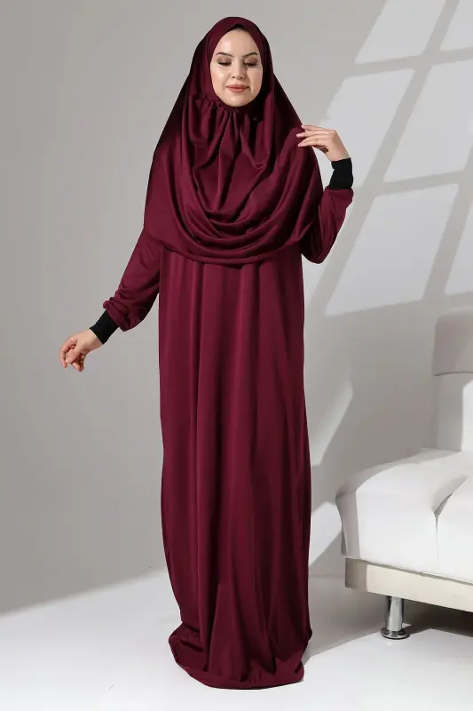 Manşeti Sandy Kendinden Şallı Pratik Kullanımlı Namaz Kıyafeti-Bordo - 4