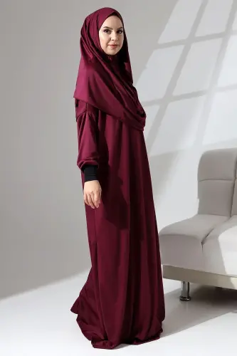 Manşeti Sandy Kendinden Şallı Pratik Kullanımlı Namaz Kıyafeti-Bordo - 5