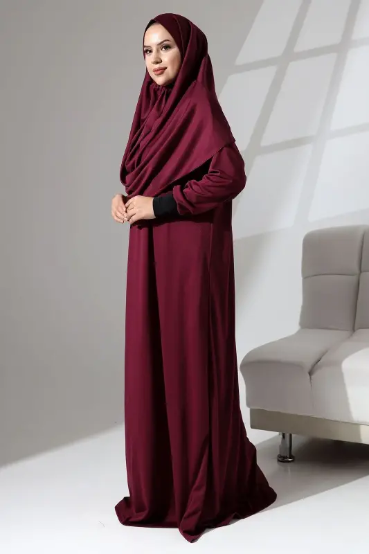 Manşeti Sandy Kendinden Şallı Pratik Kullanımlı Namaz Kıyafeti-Bordo - 6