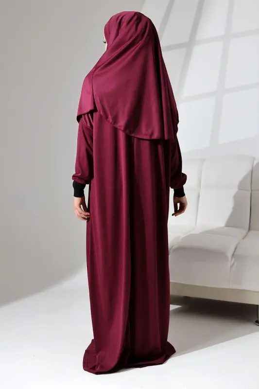 Manşeti Sandy Kendinden Şallı Pratik Kullanımlı Namaz Kıyafeti-Bordo - 8