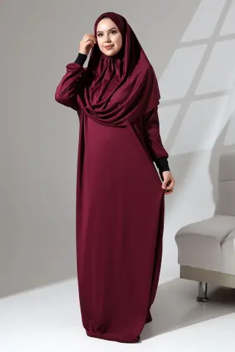 Manşeti Sandy Kendinden Şallı Pratik Kullanımlı Namaz Kıyafeti-Bordo - BEREL MODA (1)