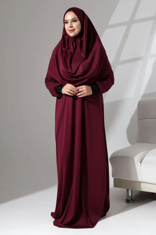 Manşeti Sandy Kendinden Şallı Pratik Kullanımlı Namaz Kıyafeti-Bordo - 3