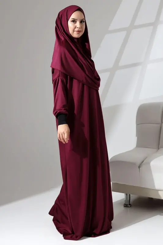 Manşeti Sandy Kendinden Şallı Pratik Kullanımlı Namaz Kıyafeti-Bordo - 5