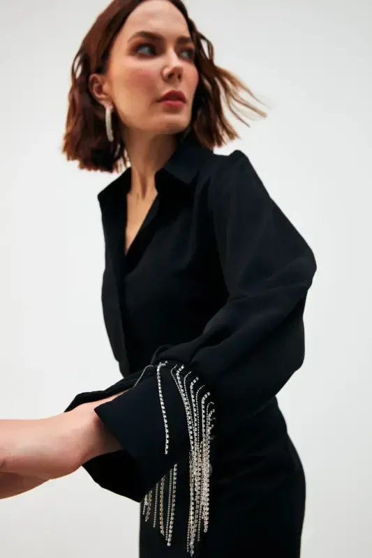 Manşetleri Aksesuarlı Gömlek - Siyah-SİYAH - 5