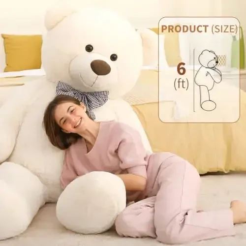 MaoGoLan Giant White Teddy Bear Stuffed Animal 6 Feet,Soft Cuddly Smiling Face Big Life Size Valentines Teddy Bear Plush Gift for Boyfriend Girlfriend,Brithday - 2