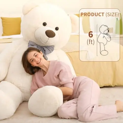 MaoGoLan Giant White Teddy Bear Stuffed Animal 6 Feet,Soft Cuddly Smiling Face Big Life Size Valentines Teddy Bear Plush Gift for Boyfriend Girlfriend,Brithday - 2