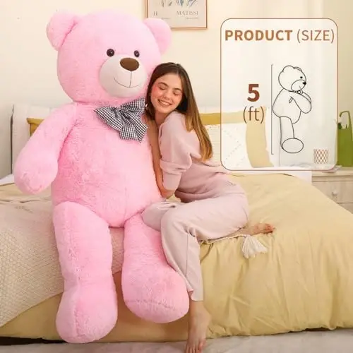 MaoGoLan Giant Pink Teddy Bear Stuffed Animal 5 Feet,Soft Cuddly Smiling Face Big Teddy Bear Plush Gift for Boyfriend Girlfriend - 2