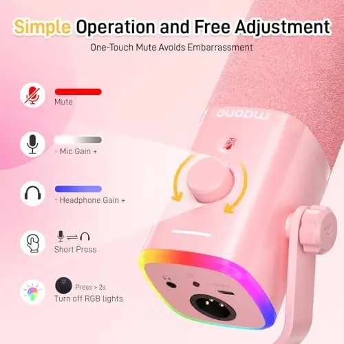 MAONO USB/XLR Podcasting Microphone for PC, Gaming Streaming Dynamic Mic with Mute Button, RGB, Desktop Stand,Computer Mic for Video Studio Recording-PD100X,Pink - 6