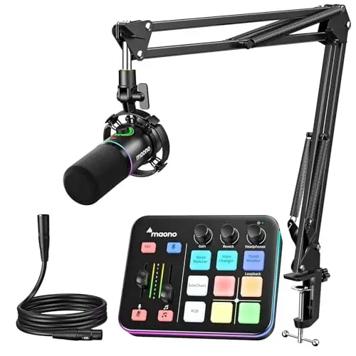 MAONO G1 NEO & PD200XS O'yin to'plami: Audio Mikser va XLR Dinamik Mikrofon | shovqinni kamaytirish, jonli podkast, yozib olish, stol sozlamasi, qiziqarli boshqaruv, to'liq boshlang'ich striming jarayoni 