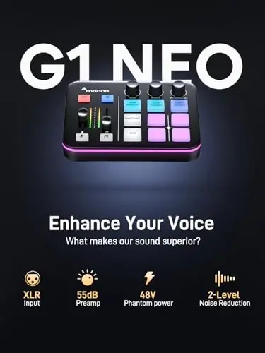 MAONO G1 NEO & PD200XS Oyuncu Paketi: Ses Mikseri ve XLR Dinamik Mikrofon | gürültü azaltma, canlı podcast yayınları, kayıt, içerik üreticisi masa düzeni, eğlenceli kontroller, eksiksiz başlangıç yayın akışı - 3