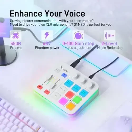 MAONO Gaming Audio Mixer, Audio Interface with Pro-preamp, RGB, Bluetooth, 48V Phantom Power for Live Streaming, Podcasting, Content Create, Gaming MaonoCaster G1 NEO (White) - 3