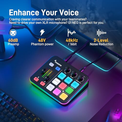 MAONO Oyun Ses Karıştırıcı, Profesyonel Ön Amplifikatörlü Ses Arayüzü, RGB, Bluetooth, Canlı Yayın, Podcast, İçerik Oluşturma, Oyun için 48V Hayalet Gücü, MaonoCaster G1 NEO (SİYAH) - 3