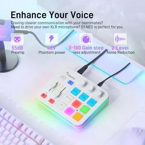 MAONO Gaming Audio Mixer, Audio Interface with Pro-preamp, RGB, Bluetooth, 48V Phantom Power for Live Streaming, Podcasting, Content Create, Gaming MaonoCaster G1 NEO (White) - 3