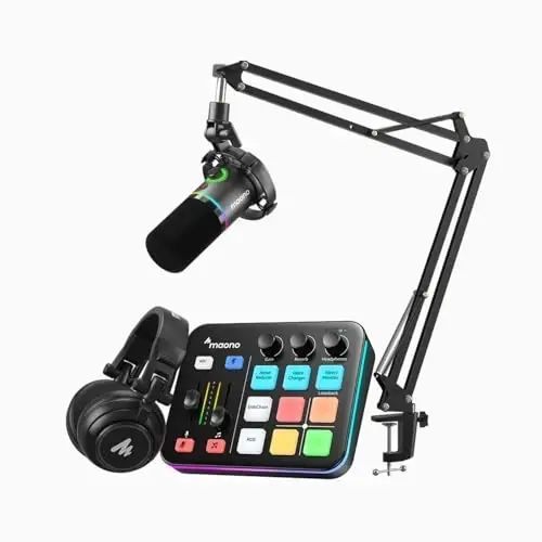 MAONO Oyun ve Yayın Ekipman Seti: Ses Arayüzü Mikseri XLR Dinamik Mikrofon Stüdyo Kulaklığı RGB Gürültü Azaltma Canlı Yayın Podcasting MaonoCaster PD200XS&G1 NEO&MH601 - MAONO