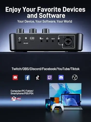 MAONO Oyun ve Yayın Ekipman Seti: Ses Arayüzü Mikseri XLR Dinamik Mikrofon Stüdyo Kulaklığı RGB Gürültü Azaltma Canlı Yayın Podcasting MaonoCaster PD200XS&G1 NEO&MH601 - 5