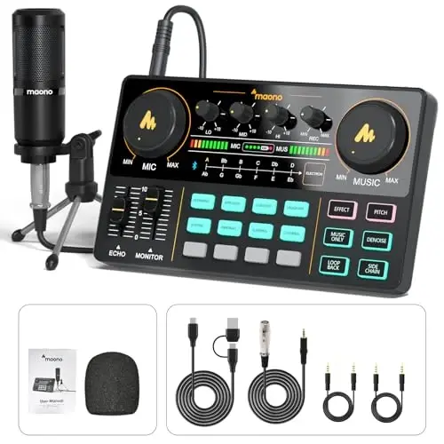 MAONO Podkast Jihozlari To'plami Audio mikser Hammasi bitta podcast ishlab chiqarish studiyasi 3.5mm mikrofonli jonli translyatsiya, podkastni yozib olish, kompyuter, smartfon, DJ uchun MaonoCaster Lite (AU-AM200-S1) - MAONO