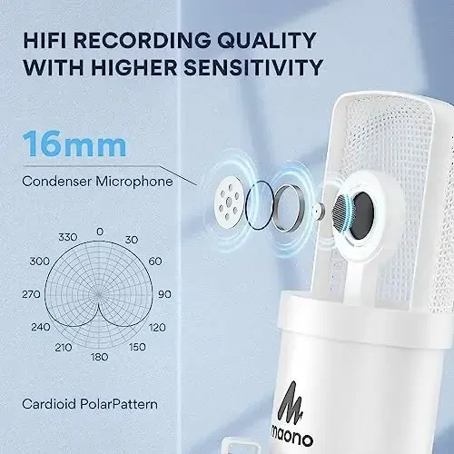 MAONO USB Microphone, 192kHz/24bit Plug & Play PC Computer Podcast Condenser Cardioid Metal Mic Kit with Professional Sound Chipset for Recording, Gaming, Singing, YouTube, AU-A04 White - 3