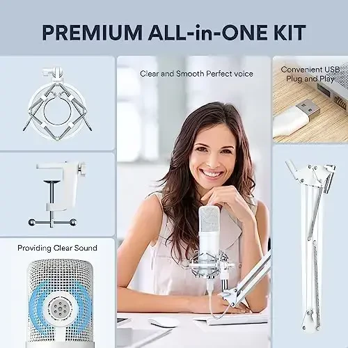 MAONO USB Microphone, 192kHz/24bit Plug & Play PC Computer Podcast Condenser Cardioid Metal Mic Kit with Professional Sound Chipset for Recording, Gaming, Singing, YouTube, AU-A04 White - 7