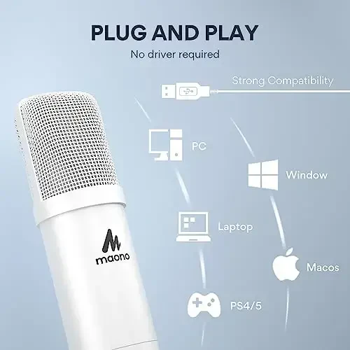 MAONO USB Microphone, 192kHz/24bit Plug & Play PC Computer Podcast Condenser Cardioid Metal Mic Kit with Professional Sound Chipset for Recording, Gaming, Singing, YouTube, AU-A04 White - 4