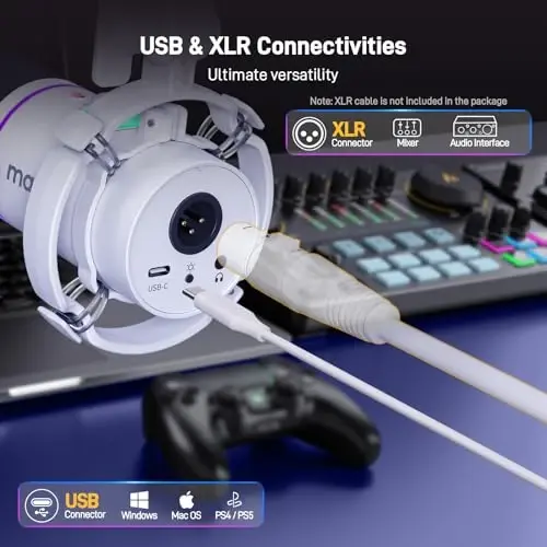 MAONO XLR/USB динамический микрофонный комплект, RGB микрофон для подкастов с программным обеспечением, Mute, ручка регулировки усиления, регулятор громкости, микрофонная стойка для стриминга, игр, озвучивания, записи-PD200XS White - 3