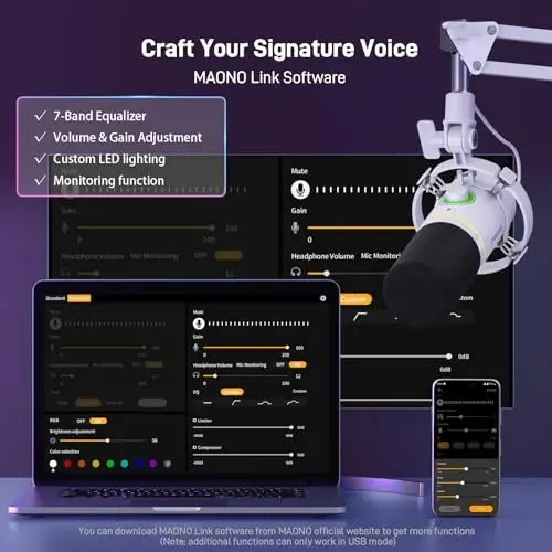 MAONO XLR/USB Dynamic Microphone Kit, RGB Podcast Mic with Software, Mute, Gain Knob, Volume Control, Boom Arm for Streaming, Gaming, Voice-Over, Recording-PD200XS White - 4