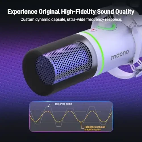 MAONO XLR/USB Dynamic Microphone Kit, RGB Podcast Mic with Software, Mute, Gain Knob, Volume Control, Boom Arm for Streaming, Gaming, Voice-Over, Recording-PD200XS White - 2