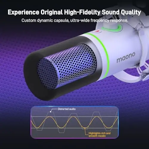 MAONO XLR/USB Dynamic Microphone Kit, RGB Podcast Mic with Software, Mute, Gain Knob, Volume Control, Boom Arm for Streaming, Gaming, Voice-Over, Recording-PD200XS White - 2