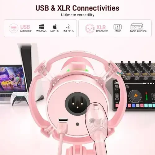 MAONO XLR/USB Dynamic Mikrofon Komplekti, RGB Oʻyin Miki Dasturiy Taʼminot, Ovozni Oʻchirish, Kuchaytirgich Tugmasi, Ovoz Balandligini Boshqarish, Strimg, Podkast, Ovoz Yozish uchun Boom Arm-PD200XS Pushti - 2
