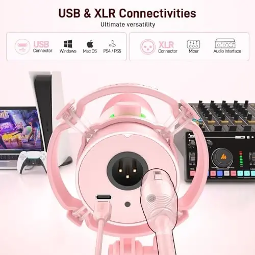 MAONO XLR/USB Dynamic Mikrofon Komplekti, RGB Oʻyin Miki Dasturiy Taʼminot, Ovozni Oʻchirish, Kuchaytirgich Tugmasi, Ovoz Balandligini Boshqarish, Strimg, Podkast, Ovoz Yozish uchun Boom Arm-PD200XS Pushti - 2