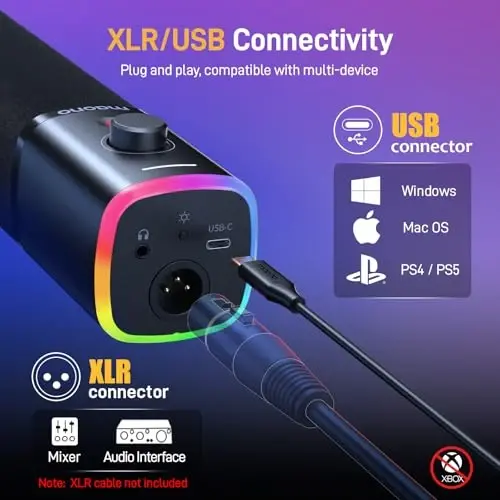 MAONO XLR/USB Gaming Microphone for PC, Dynamic Computer Mic for Streaming Podcasting, Noise Reduction, Mute, Volume Control, RGB Boom Mic for Vocal Recording,Voice-Over, PD100XS Black - 3