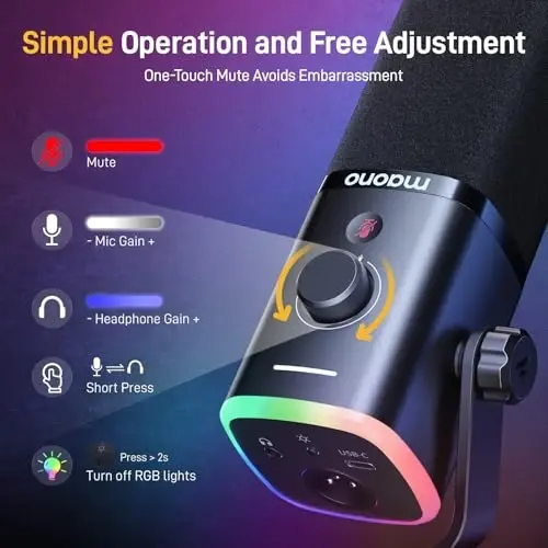 MAONO XLR/USB Gaming Microphone for PC, Dynamic Computer Mic for Streaming Podcasting, Noise Reduction, Mute, Volume Control, RGB Boom Mic for Vocal Recording,Voice-Over, PD100XS Black - 4