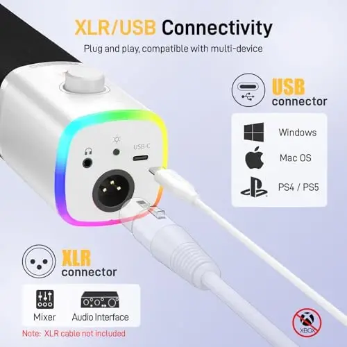 MAONO XLR/USB Gaming Microphone for PC, Dynamic Computer Mic for Streaming Podcasting, Noise Reduction, Mute, Volume Control, RGB Boom Mic for Vocal Recording,Voice-Over, PD100XS White - 6