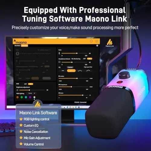 MAONO XLR/USB Gaming Microphone with Software, Dynamic PC Microphone with RGB for Streaming Podcast Vocal Recording, Computer Mic with Noise Cancellation, Mute Button, Gain Knob, Desktop Stand PD100X - 3