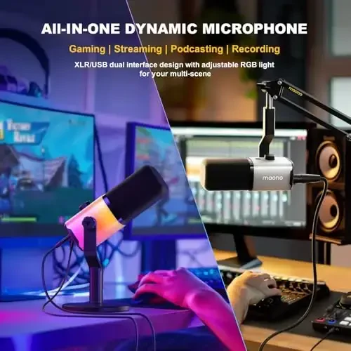 MAONO Dynamic Gaming Microphone: USB/XLR Streaming Mic for PC Podcast Recording, Custom Software, RGB, Mute Button, Gain Knob, 48kHz/24bit Studio Desktop Mic for YouTube Video Creation -PD100X RGB 