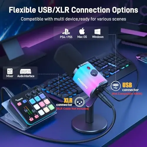 MAONO XLR/USB Oyun Mikrofonu Yazılım, Gürültü Engellemeli RGB Dinamik PC Mikrofonu, Yayın Podcast Vokal Kayıtları için, Masaüstü Standlı PD100X Bilgisayar Mikrofonu - 1