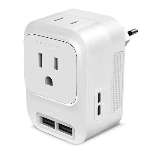 Mapambo 220V to 110V Voltage Converter US to Europe International Universal Travel Adapter with Fast Charging 2 USB-A 2 USB-C Port Worldwide Power Converters Plug Combo for Spain Italy (White) - 1