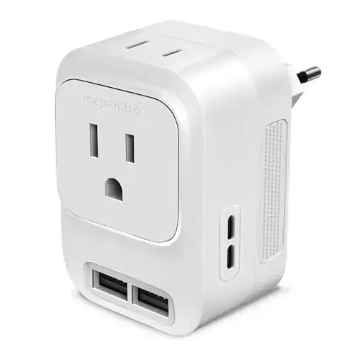 Mapambo 220V dan 110V gacha kuchlanish konvertori AQShdan Yevropaga xalqaro universal sayohat adapteri, tez zaryadlovchi 2 USB-A 2 USB-C port butun dunyo bo'ylab quvvat konvertorlari vilkasi Ispaniya Italiya uchun (oq) - 1