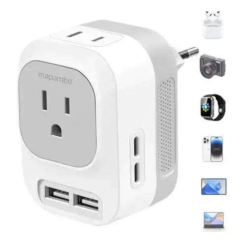 Mapambo 220V to 110V Voltage Converter US to Europe Converter for European Travel Plug Adapter with 2 USB Port 2 USB C International Power Adapter for US to France Germany Italy (White) - 1