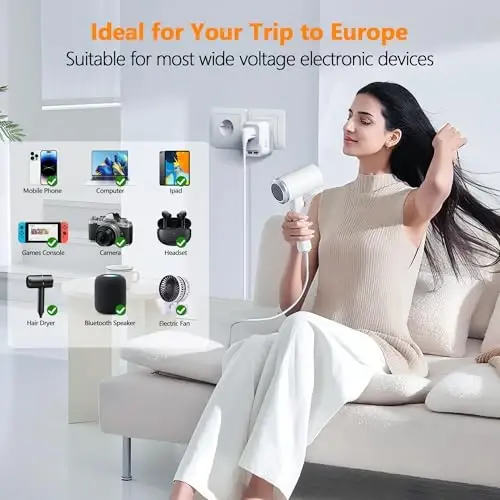 Mapambo 220V to 110V Voltage Converter US to Europe International Universal Travel Adapter with Fast Charging 2 USB-A 2 USB-C Port Worldwide Power Converters Plug Combo for Spain Italy (White) - 3