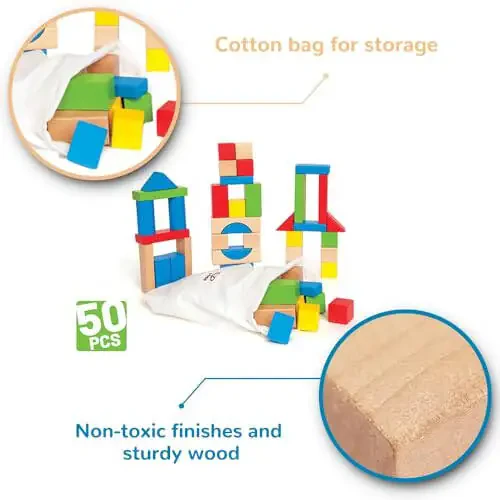 Maple Wood Kids Building Blocks by Hape | Stacking Wooden Block Educational Toy Set for Toddlers, 50 Brightly Colored Pieces in Assorted Shapes and Sizes - 4
