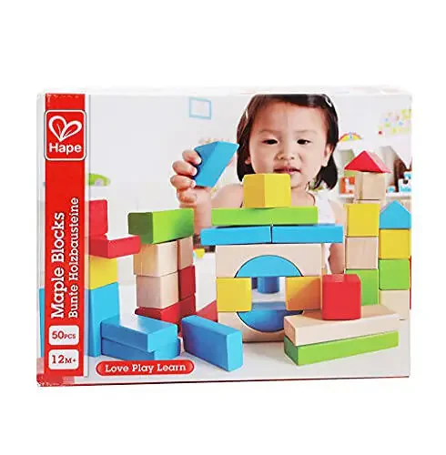 Maple Wood Kids Building Blocks by Hape | Stacking Wooden Block Educational Toy Set for Toddlers, 50 Brightly Colored Pieces in Assorted Shapes and Sizes - 5