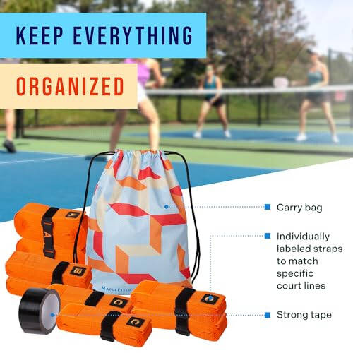 Maplefield Pickleball Court Marking Kit - Outdoor Ready Temporary Lines for Any Court - Includes Easy-to-Identify Lines, Strong Hold Tape and Portable Bag for Windy Days - 7