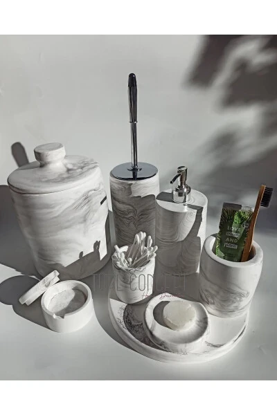 Marble-look Bathroom Set Trash Can, Toilet Brush, Tray, Soap Dish, Cotton Holder, Stick Holder - TURE CONCEPT