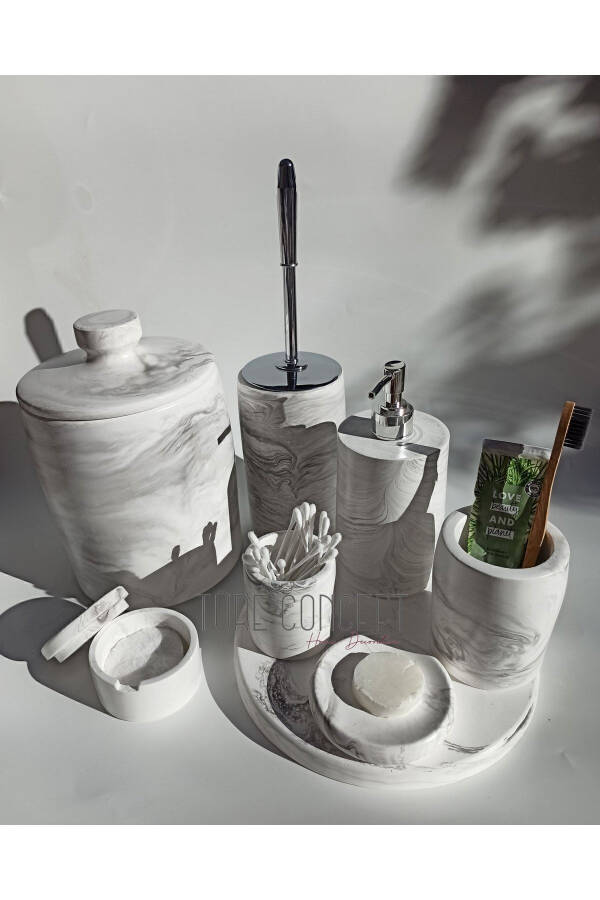 Marble-look Bathroom Set Trash Can, Toilet Brush, Tray, Soap Dish, Cotton Holder, Stick Holder - 1