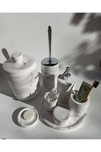 Marble-look Bathroom Set Trash Can, Toilet Brush, Tray, Soap Dish, Cotton Holder, Stick Holder - 3